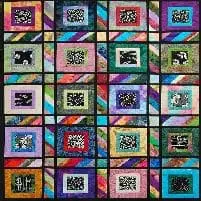 Let's Sew Our Stash quilt pattern: Colorful patchwork quilt with black sashing and varied fabric prints in a grid pattern. - Looney Bin Quilting