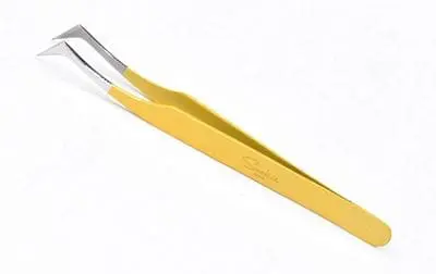 Sookie Sews 4-1/2in Angled Precision Tweezers: Gold-handled tweezers with angled tips, ideal for precise crafting and beauty tasks. - Looney Bin Quilting