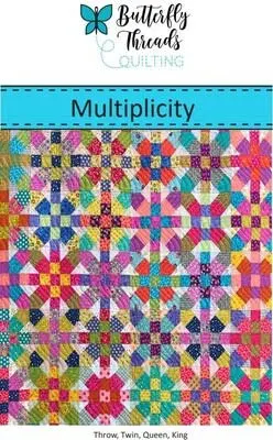 Multiplicity Quilt Pattern: Vibrant patchwork quilt design featuring colorful squares and crosses, available in Throw, Twin, Queen, and King sizes. - Looney Bin Quilting
