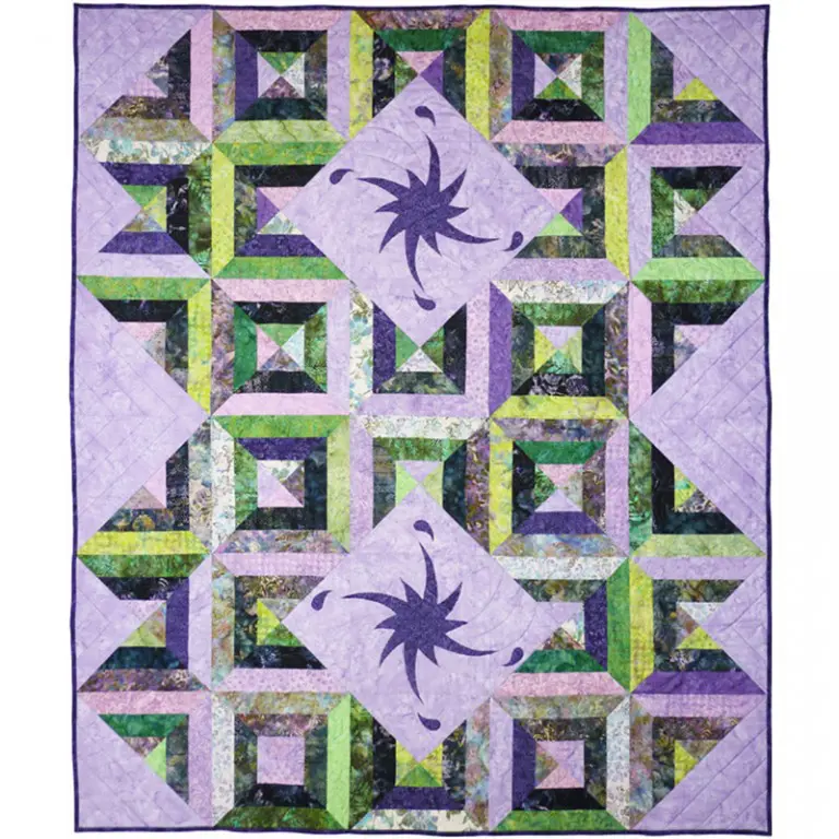 Funangle Quilt: Purple and green batik fabric quilt with geometric starburst design - Looney Bin Quilting