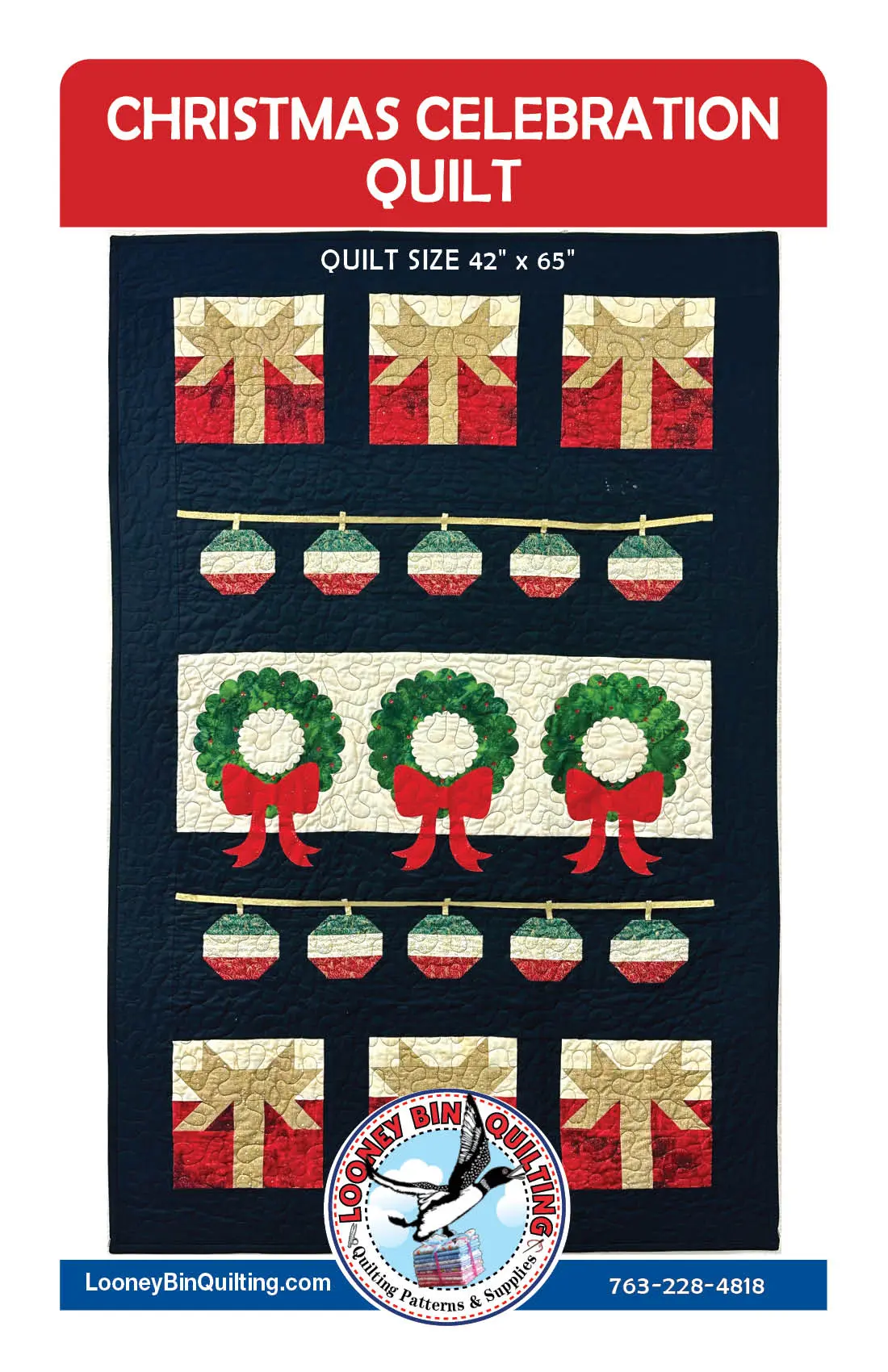 Christmas Celebration Quilt Kit: Festive handmade quilt pattern featuring presents, ornaments, and wreaths. Perfect for holiday decor. - Looney Bin Quilting