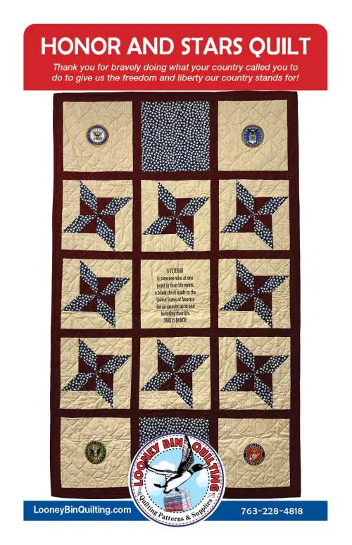 Honor and Stars Quilt: Patriotic quilt pattern featuring stars, stripes, and military branch insignia. Perfect tribute quilt for veterans. - Looney Bin Quilting