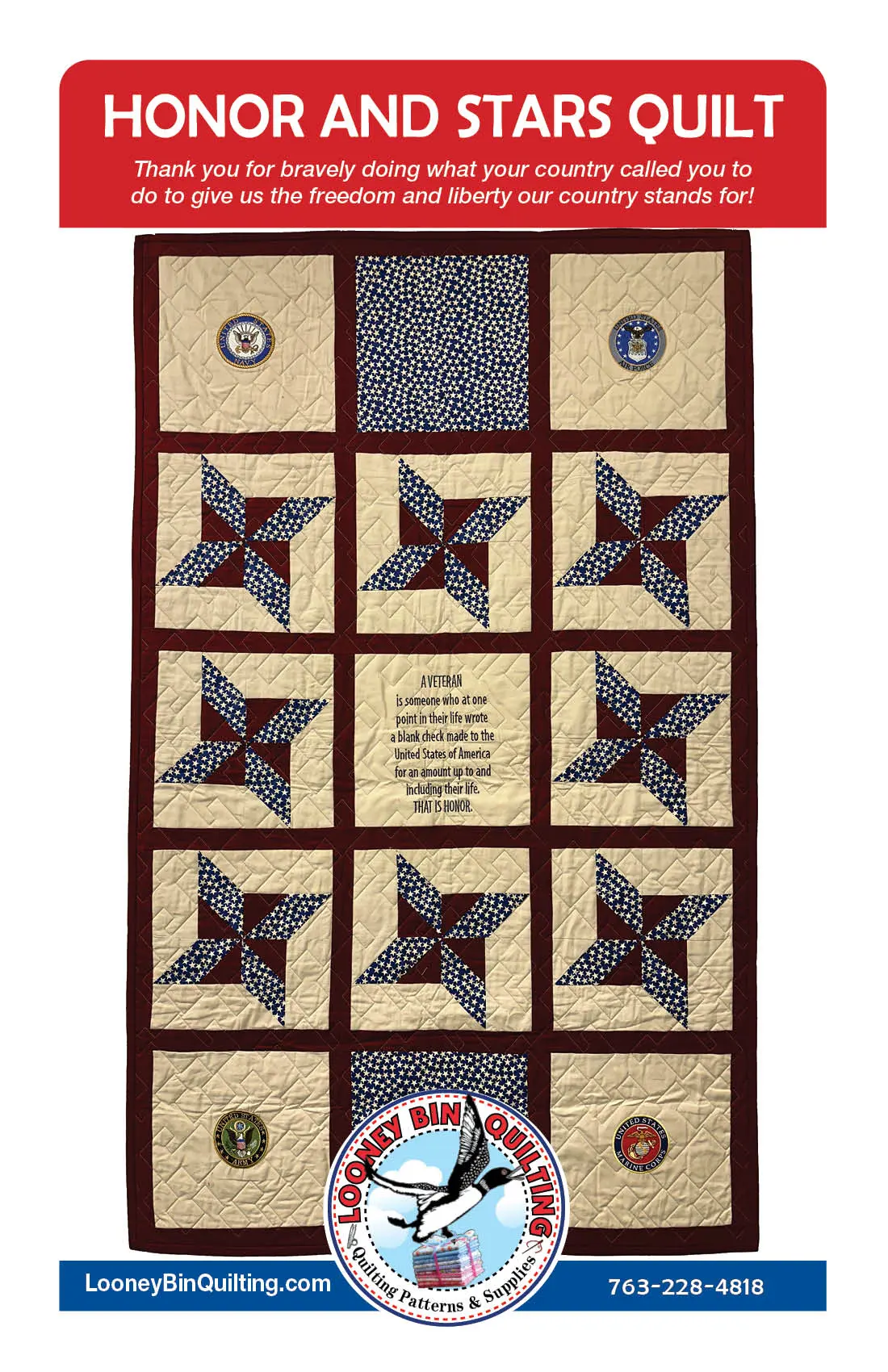 Honor and Stars Quilt: Patriotic quilt pattern featuring stars, stripes, and military branch insignia. Perfect tribute quilt for veterans. - Looney Bin Quilting