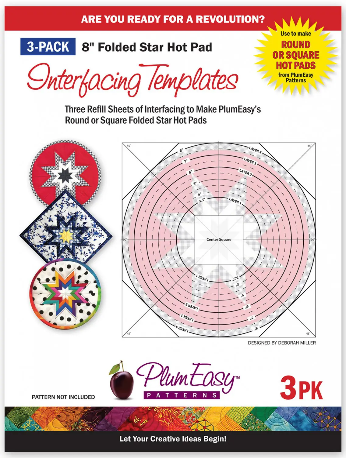 Plum Easy Interfacing Templates: 3-pack of 8" folded star hot pad templates for crafting round or square hot pads. - Looney Bin Quilting