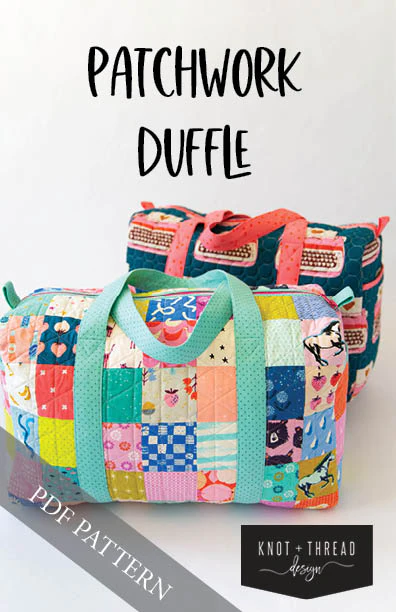 A poster of patchwork duffle with two colorful bags.